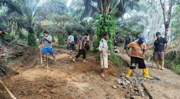 Kegiatan Gotong royong membersihkan jalan Penghubung Antar Kadun Desa Muara Santan
